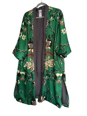 Chico's Green Floral Satin Kimono Jacket